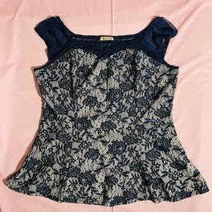 Janette plus peplum blouse in navy and tan lace